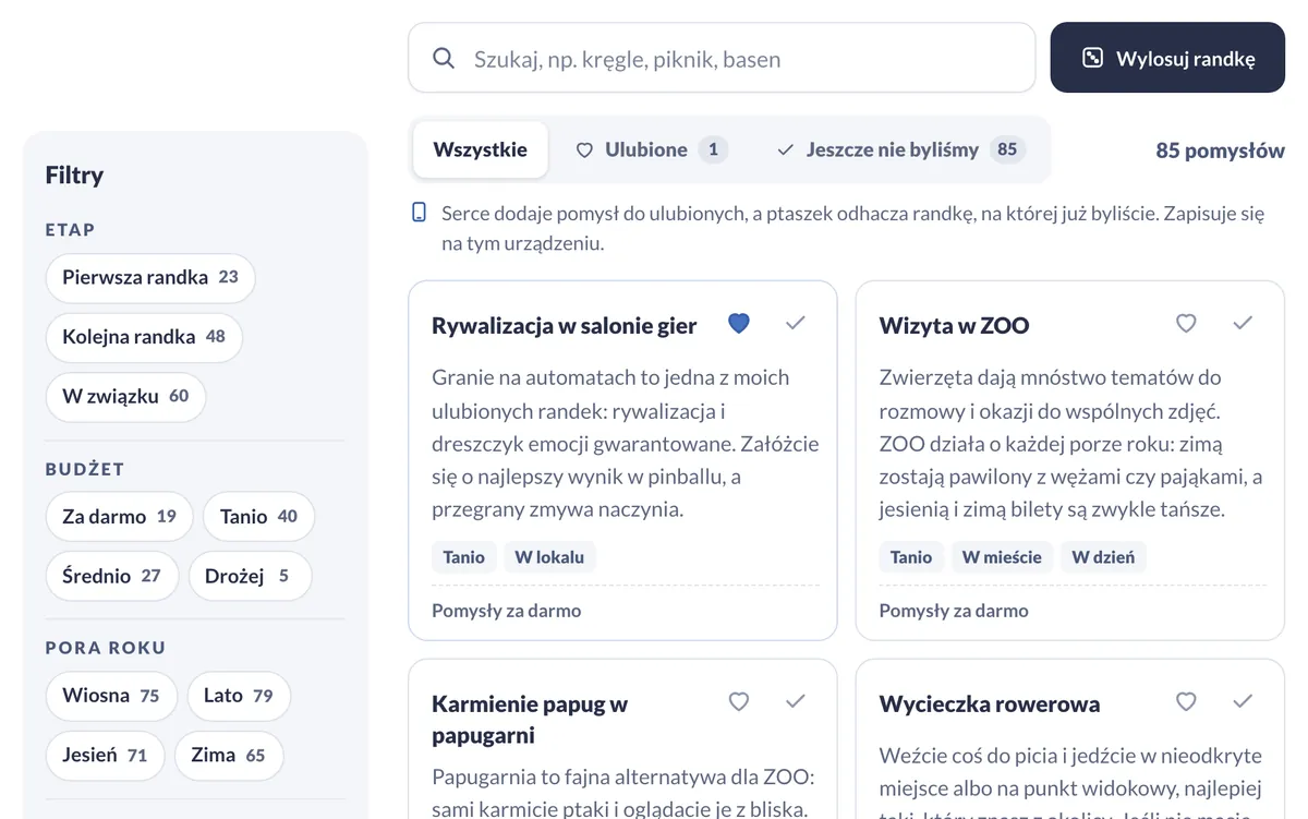 Katalog randek w panelu: wyszukiwarka, losowanie, filtry i karty pomysłów