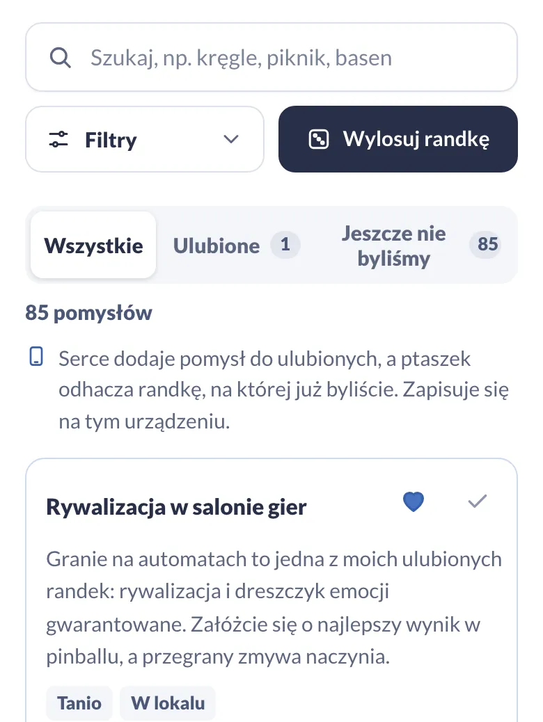 Katalog randek w panelu: wyszukiwarka, losowanie, filtry i karty pomysłów (telefon)