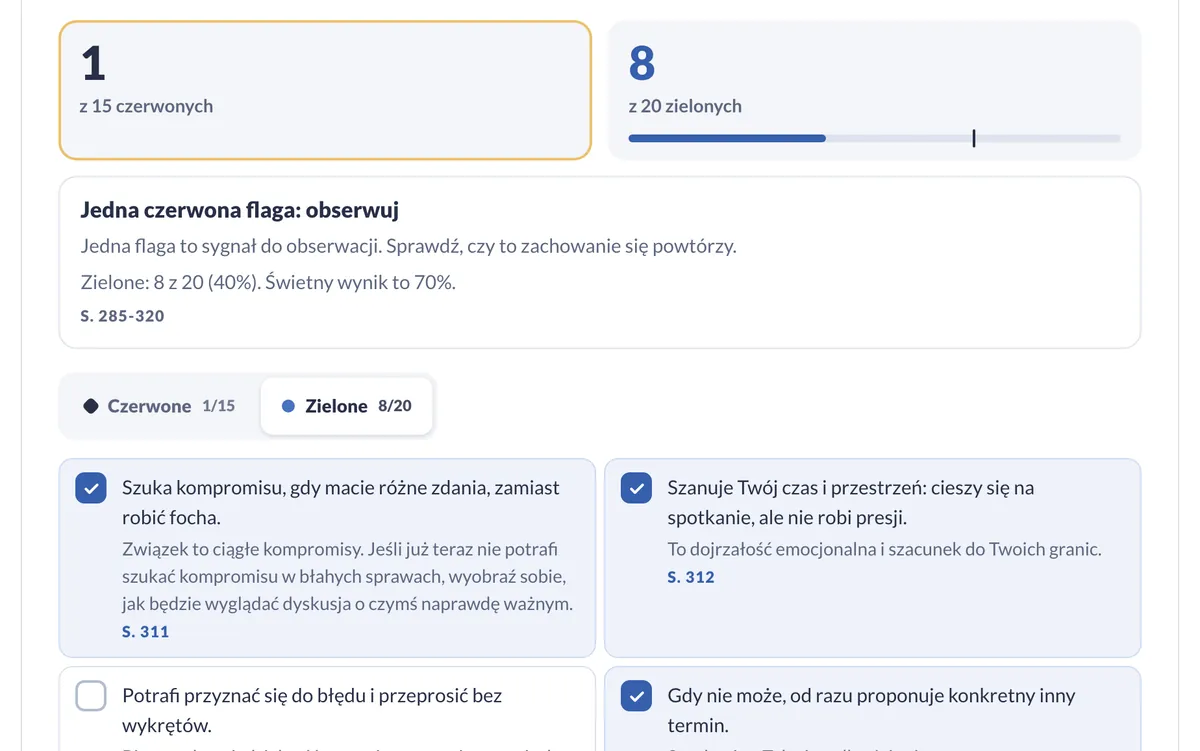 Czerwone i zielone flagi: licznik zaznaczonych flag i podsumowanie