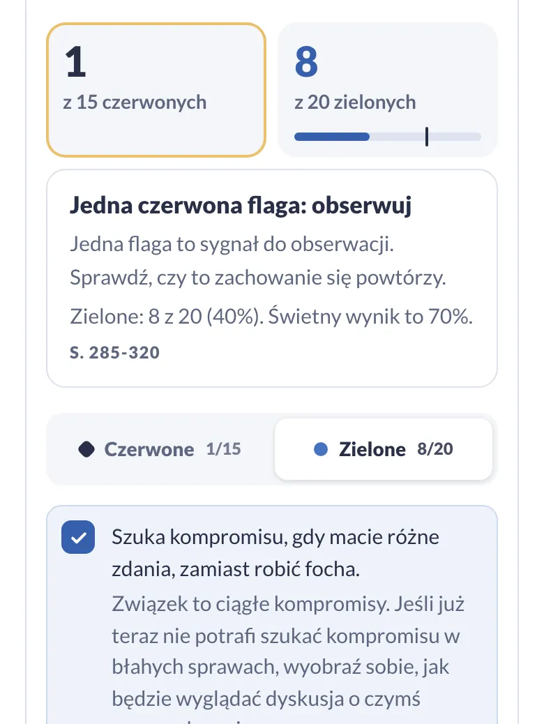 Czerwone i zielone flagi: licznik zaznaczonych flag i podsumowanie (telefon)