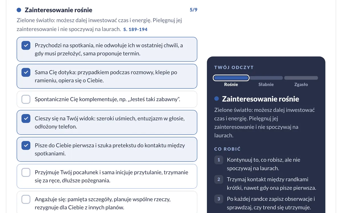 Termometr zainteresowania: zaznaczone oznaki i odczyt „Zainteresowanie rośnie” z listą, co robić