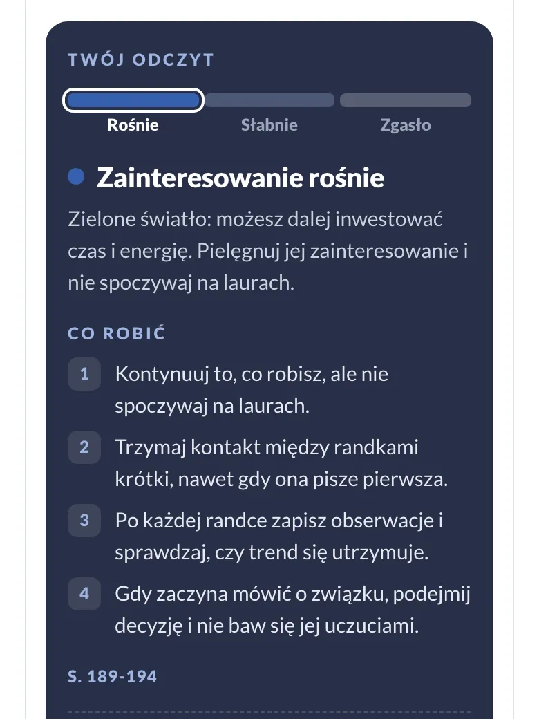 Termometr zainteresowania: zaznaczone oznaki i odczyt „Zainteresowanie rośnie” z listą, co robić (telefon)