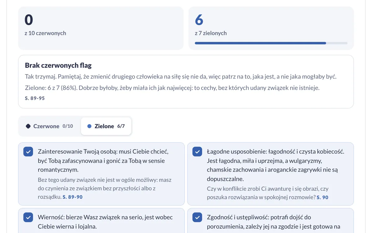 Cechy kobiety do związku: licznik zaznaczonych cech i podsumowanie