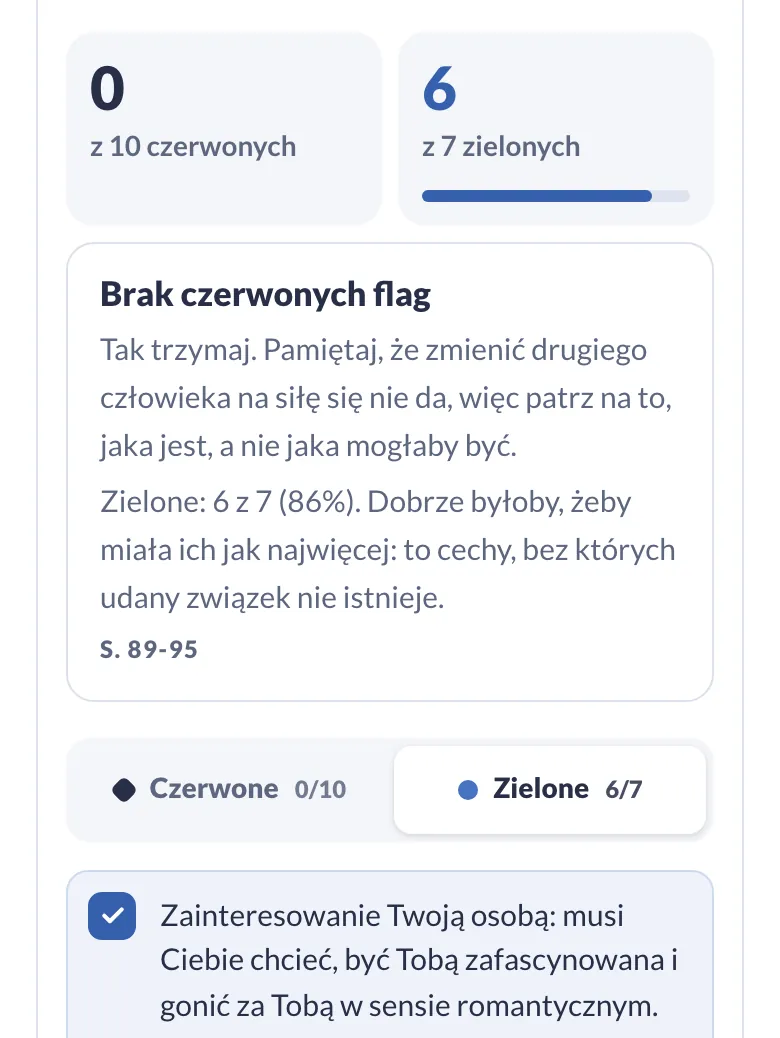 Cechy kobiety do związku: licznik zaznaczonych cech i podsumowanie (telefon)