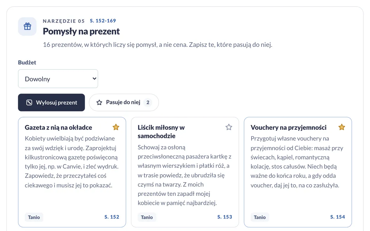 Pomysły na prezent w panelu: losowanie i zapisane pomysły