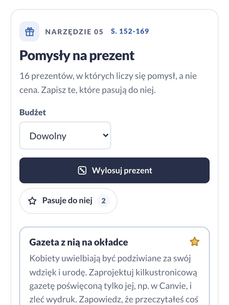 Pomysły na prezent w panelu: losowanie i zapisane pomysły (telefon)