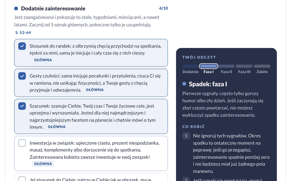 Termometr związku: zaznaczone oznaki i odczyt „Spadek: faza I” z listą, co robić
