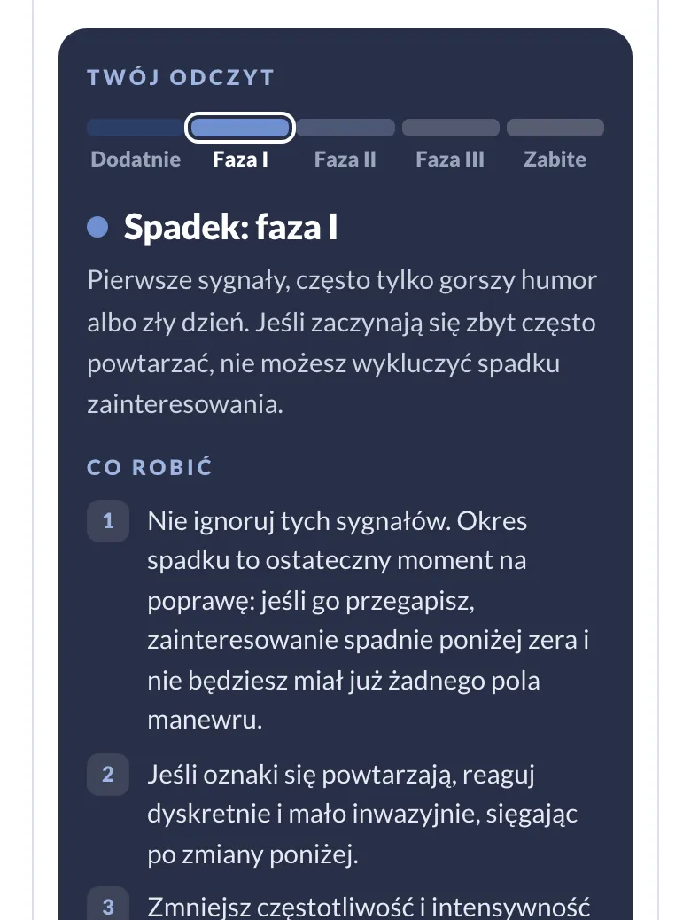 Termometr związku: zaznaczone oznaki i odczyt „Spadek: faza I” z listą, co robić (telefon)