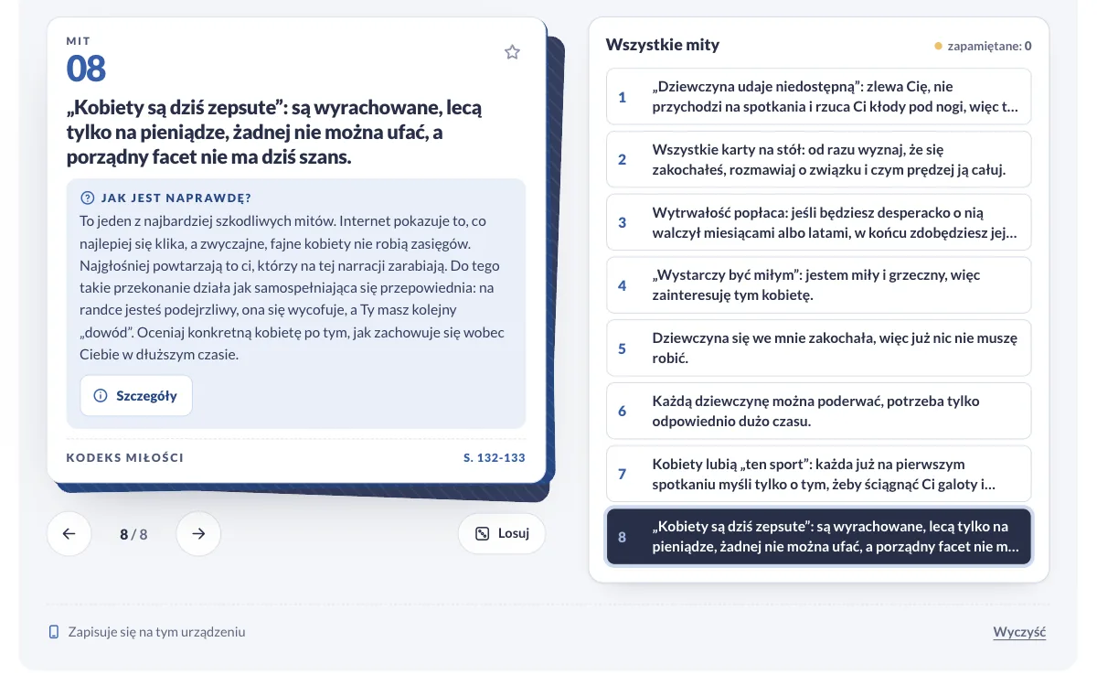 Karta mitu w panelu z odsłoniętą odpowiedzią „Jak jest naprawdę?”