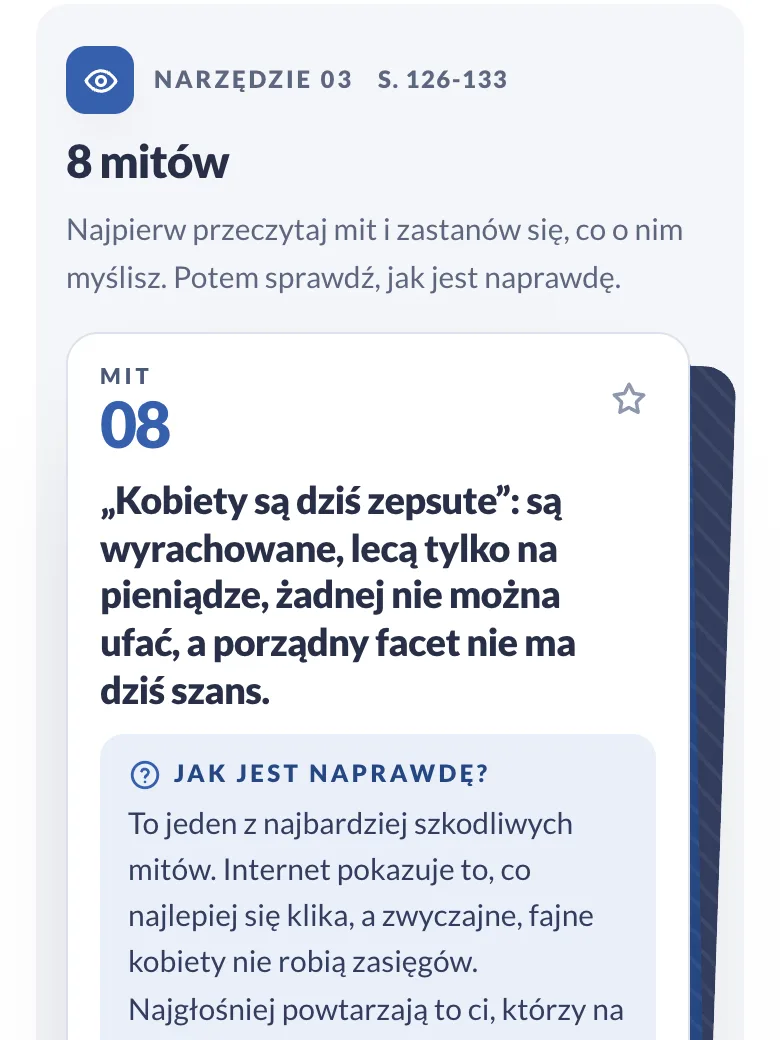 Karta mitu w panelu z odsłoniętą odpowiedzią „Jak jest naprawdę?” (telefon)