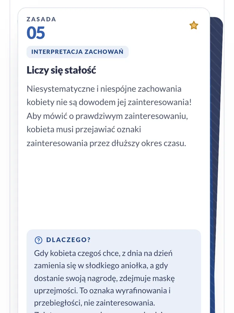 Talia zasad w panelu: karta zasady z komentarzem „Dlaczego?” i mapa wszystkich zasad (telefon)