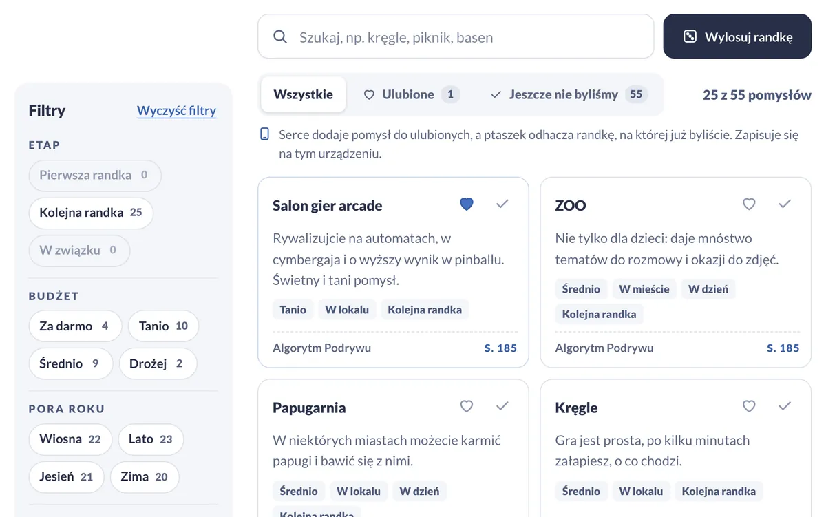 Katalog randek w panelu: wyszukiwarka, losowanie i karty pomysłów