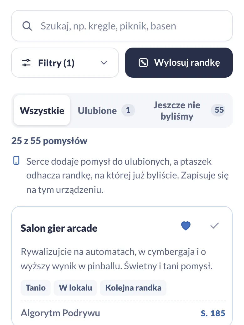 Katalog randek w panelu: wyszukiwarka, losowanie i karty pomysłów (telefon)